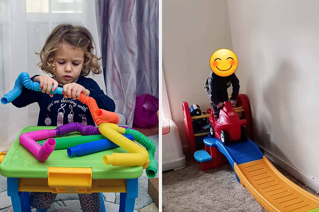 A child connecting colorful tubes/A child on an indoor roller coaster toy