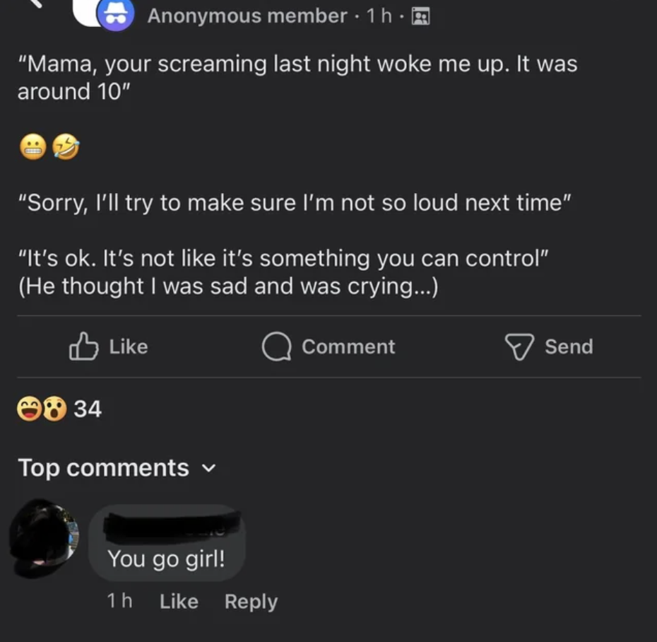 mom posting about her son confronting her about being loud during sex