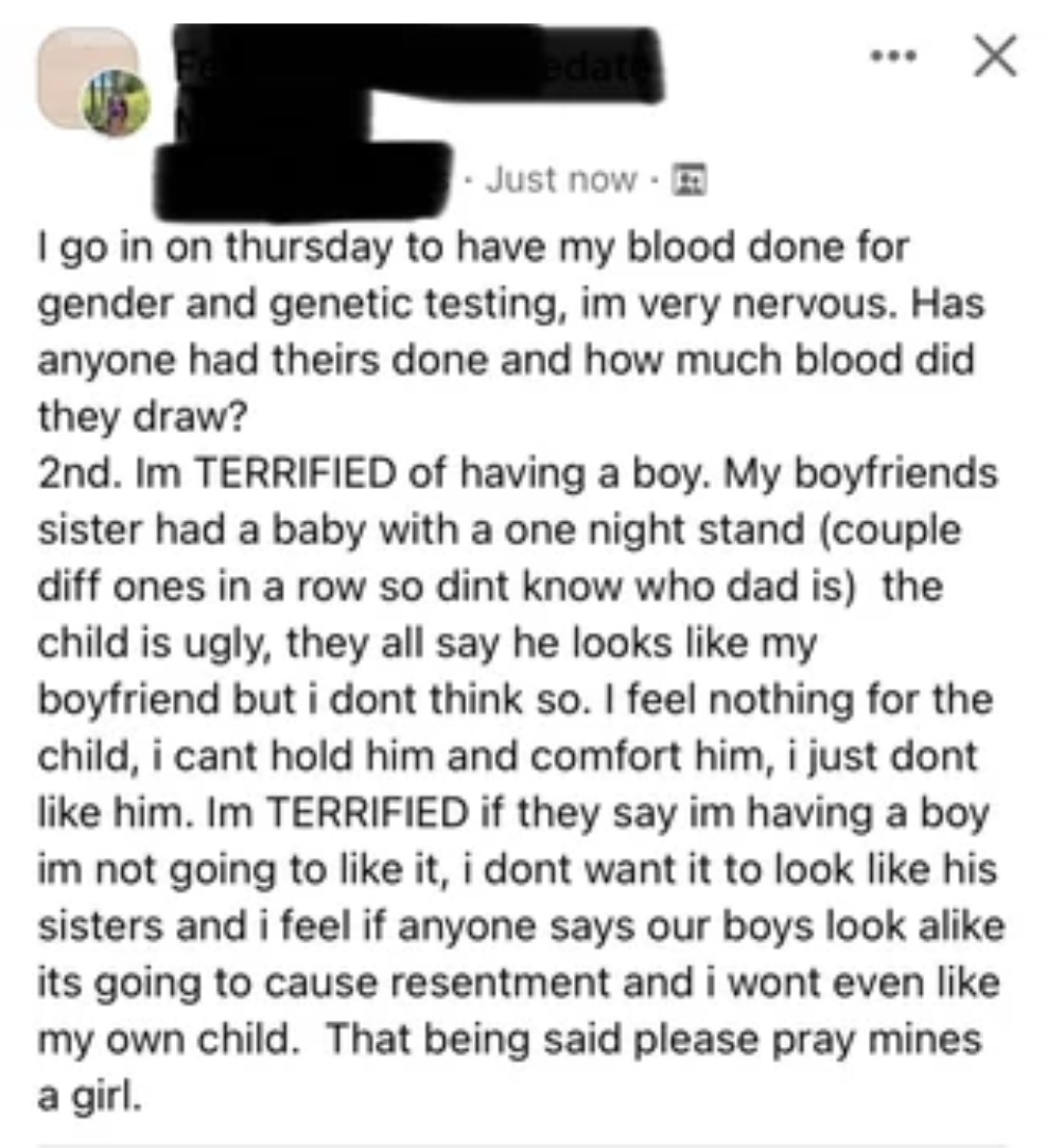 i&#x27;m terrified of having a boy my boyfriend&#x27;s sister had a baby with a one night stand and the child is ugly