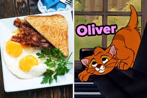 On the left, a square plate with eggs, bacon, and toast, and on the right, Oliver from Oliver and Company looking up while sitting on a piano