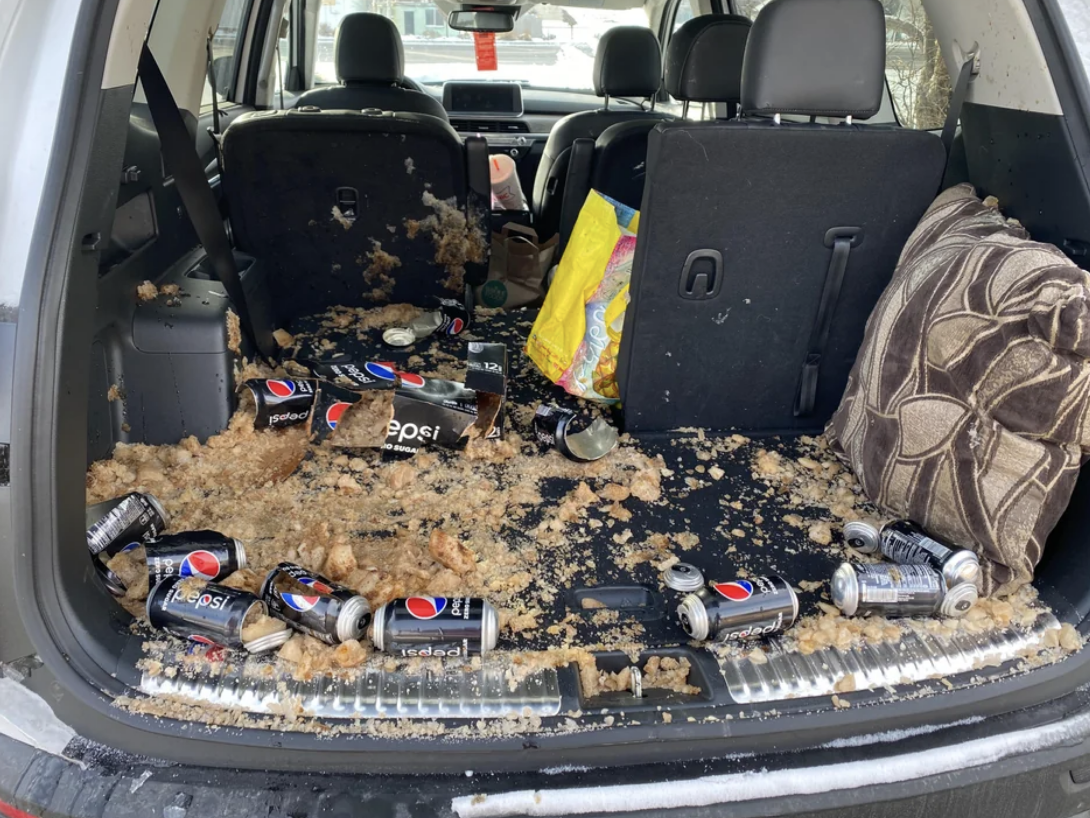 exploded frozen pepsi in a car