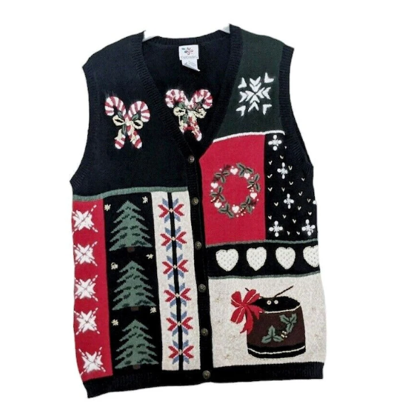 A knit vest with all kinds of Xmas objects