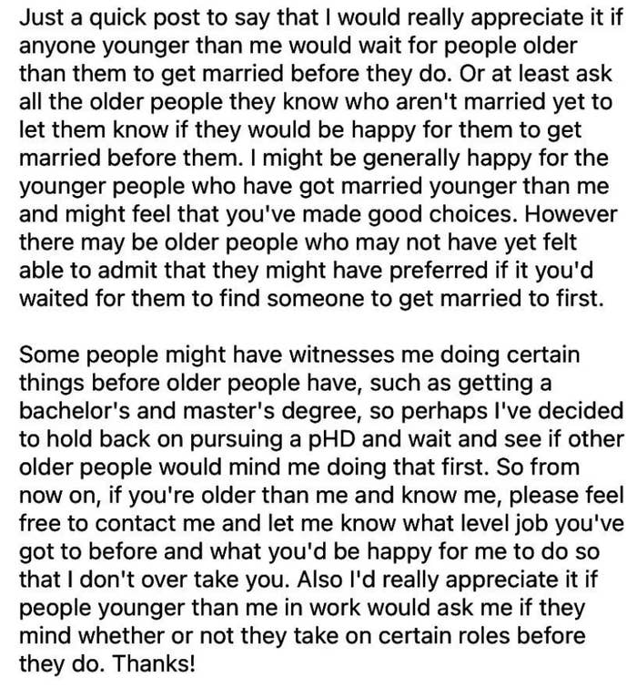 &quot;I might be generally happy for the younger people who have got married younger than me and might feel that you&#x27;ve made good choices.&quot;