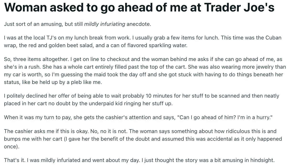 &quot;Woman asked to go ahead of me at Trader Joe&#x27;s&quot;