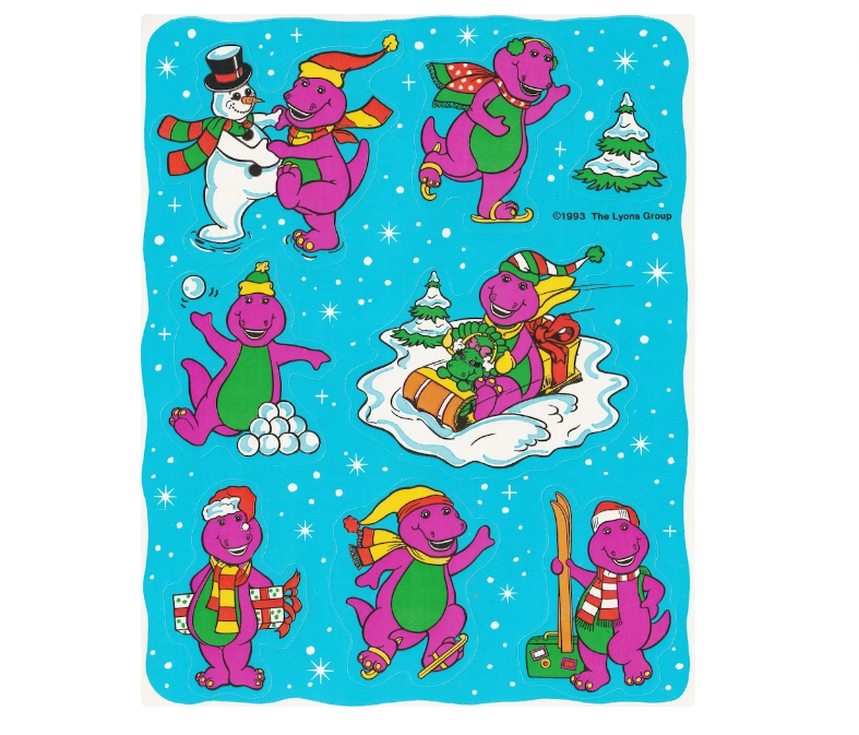 Stickers of Barney the purple dinosaur wearing a Santa hat, on a sled, carrying gifts, ice skating, and so on