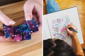 on left: blue and purple galaxy-print fidget toy. on right: child drawing with colorful scented pens