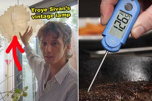 A side-by-side of Troye Sivan showing off a vintage lamp in his apartment vs. a meat thermometer poking into a rare steak