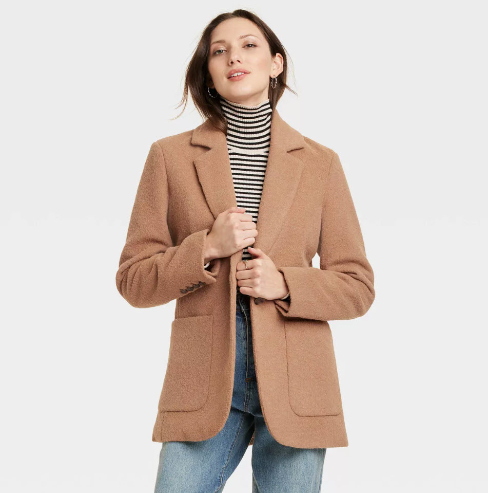 model wearing brown blazer