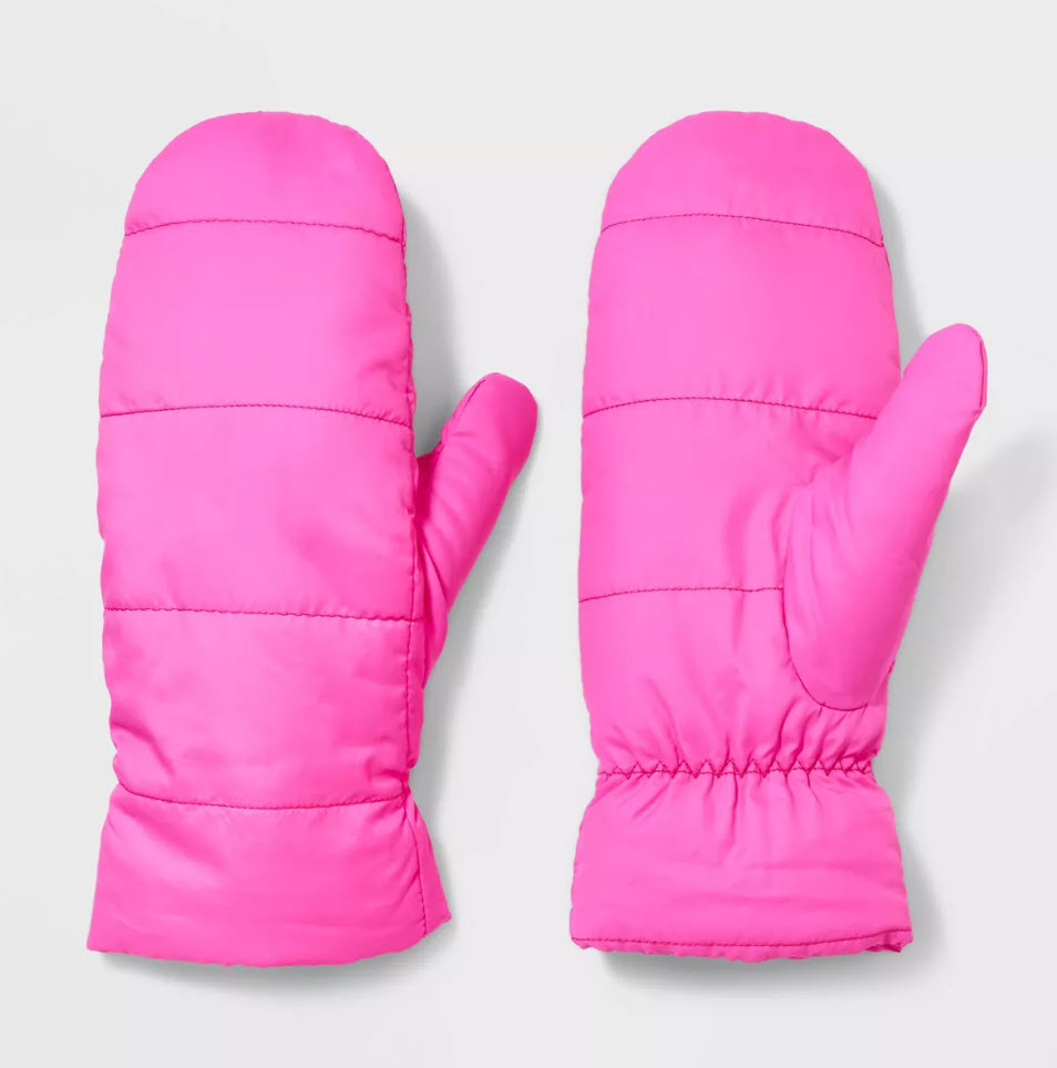 set of hot pink puffy mittens