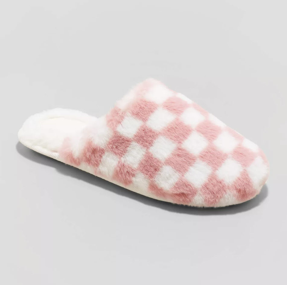 pink and white checkered fuzzy slipper