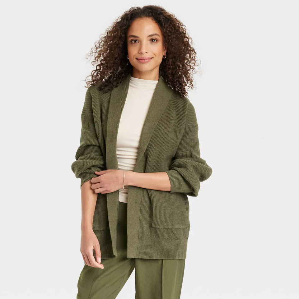 model wearing olive green knit cardigan