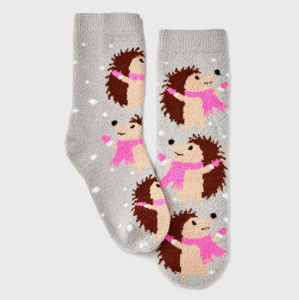 grey fuzzy socks with hedgehog design