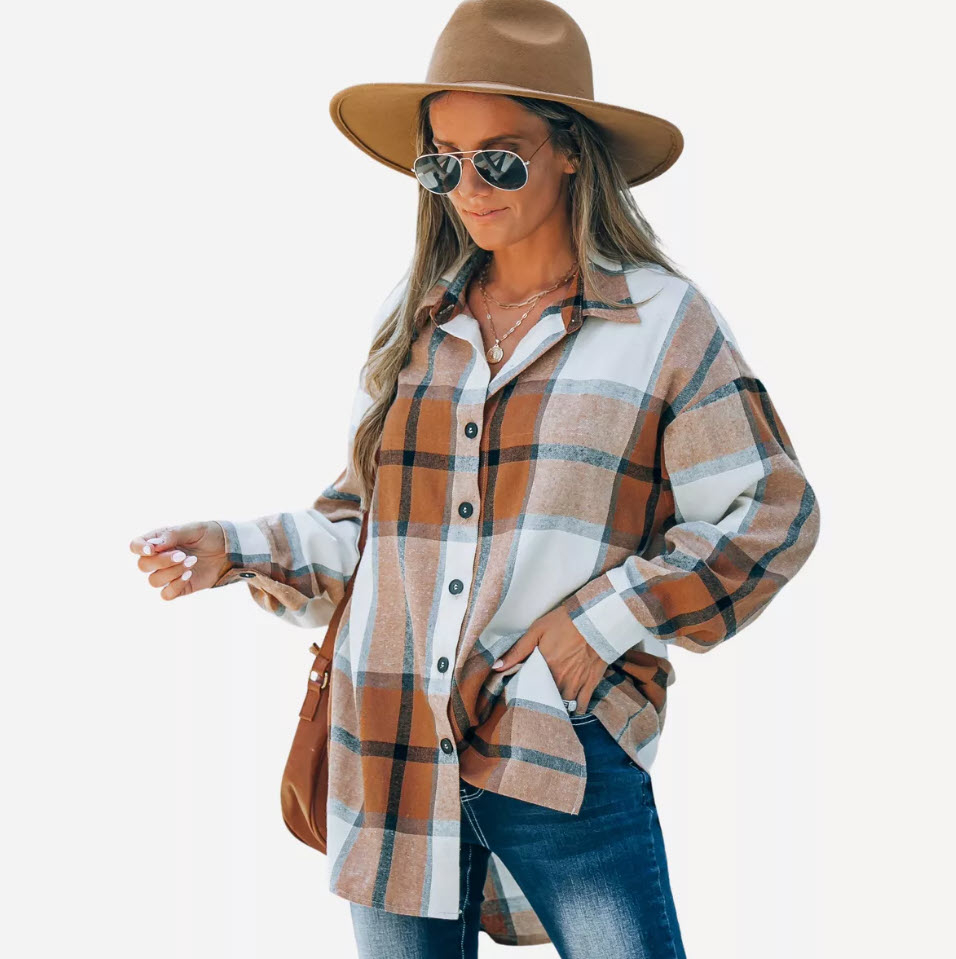 model wearing oversized tan and white flannel