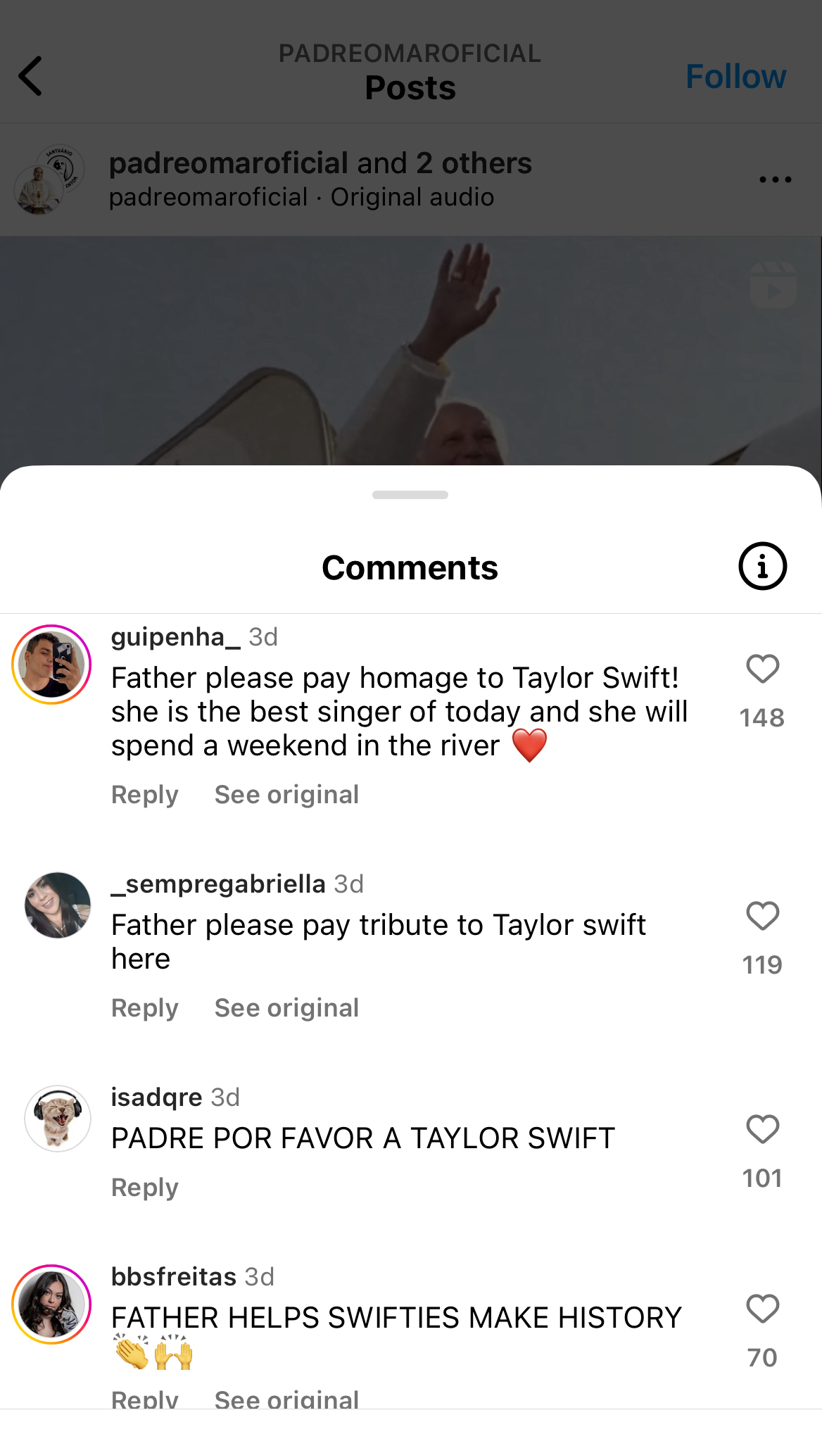 Comment section of an Instagram post with comments from Swifties saying things like &quot;Father please pay homage to Taylor Swift&quot; and &quot;padre por favor a taylor swift!!!&quot;