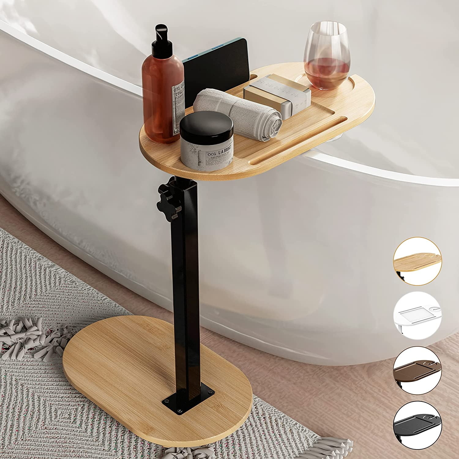 a swivel table next to a bathtub holding objects