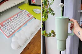 a logitech keyboard and a cloud wrist rest / a white simple modern tumbler