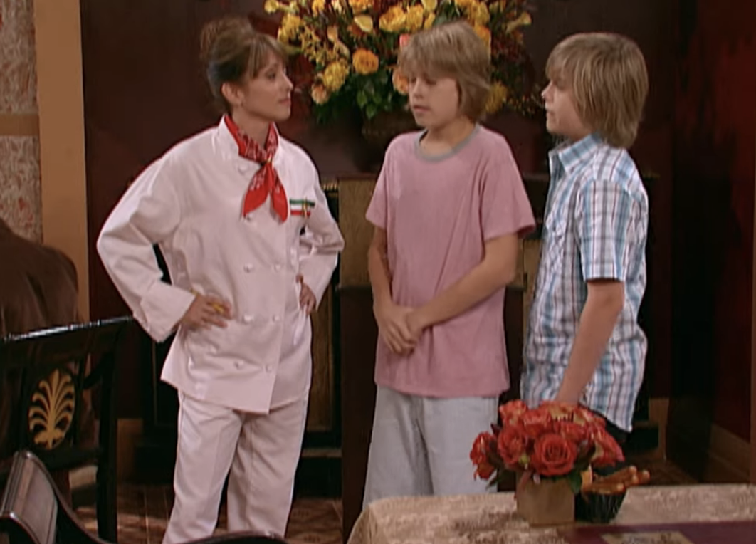Dylan and Cole as Cody and Zack with Chef Gigi at the restaurant