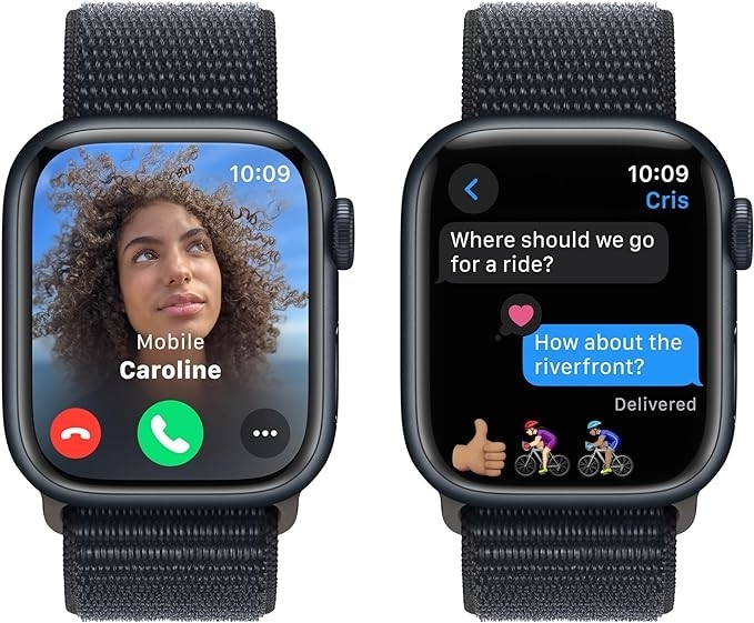 Two images of the watch screen, making a call and text screen