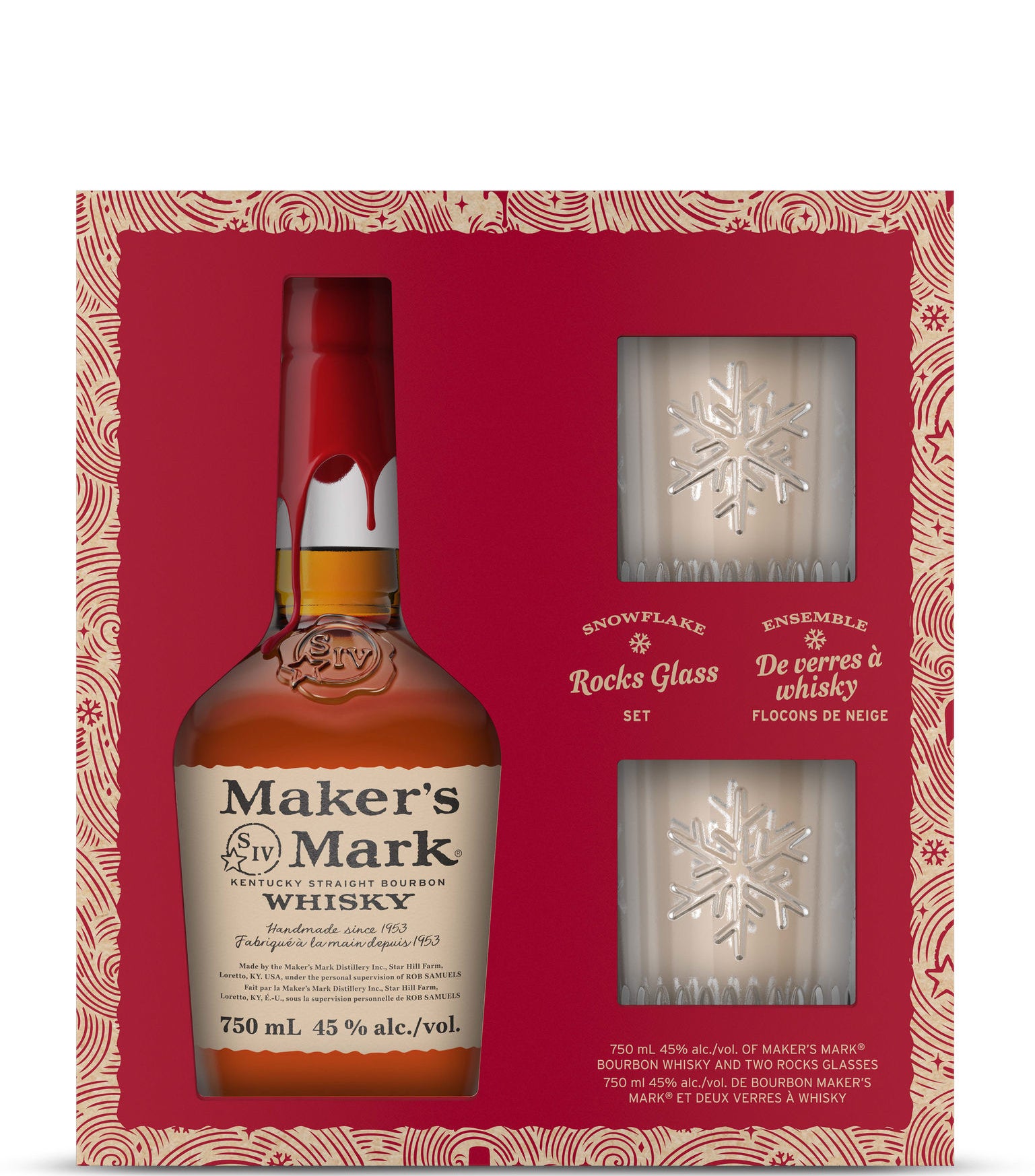 A bottle of Maker&#x27;s Mark and two glasses in a box