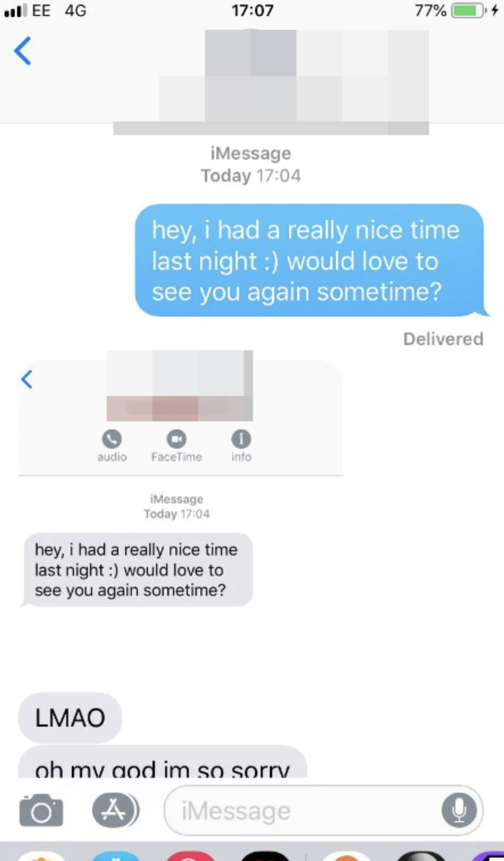 a screenshot and then another text saying oh my god i'm so sorry