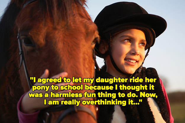 young girl and her horse with caption "I agreed to let my daughter ride her pony to school because I thought it was a harmless fun thing to do. Now, I am really overthinking it..."
