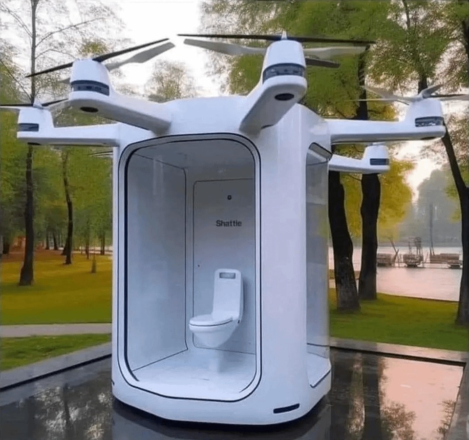 toilet in a pod with glass on two sides and drones on top