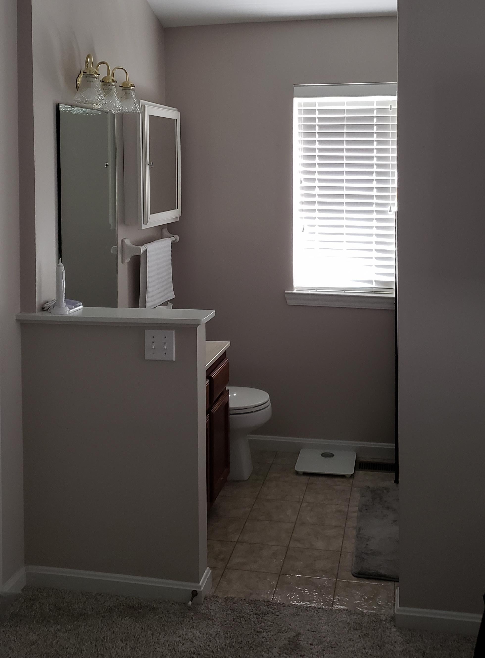 connecting bathroom with open wall next to bedroom