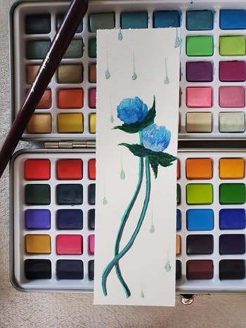 A reviewer's watercolor floral painting on top of the palette