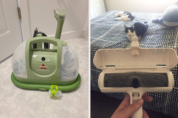 A small upholstery cleaner/A reviewer holding a reusable fur remover roller