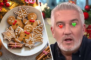 Gingerbread cookies and Paul Hollywood with hearts over his eyes.