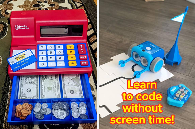 A toy cash register/A toy robot on a track next to a remote control