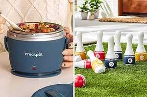 on left: small portable navy blue Crockpot. on right: colorful small bowling set