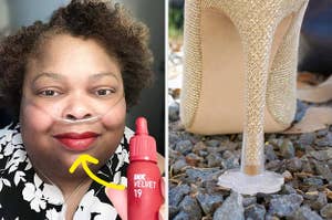 reviewer wearing red lip tint and caps that prevent high heels from sinking in gravel
