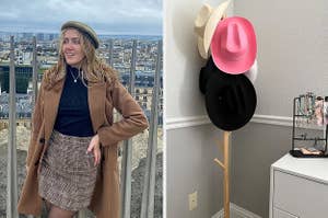 on left: reviewer wearing brown and white plaid skirt. on right: pink and white cowboy hats on freestanding coat rack