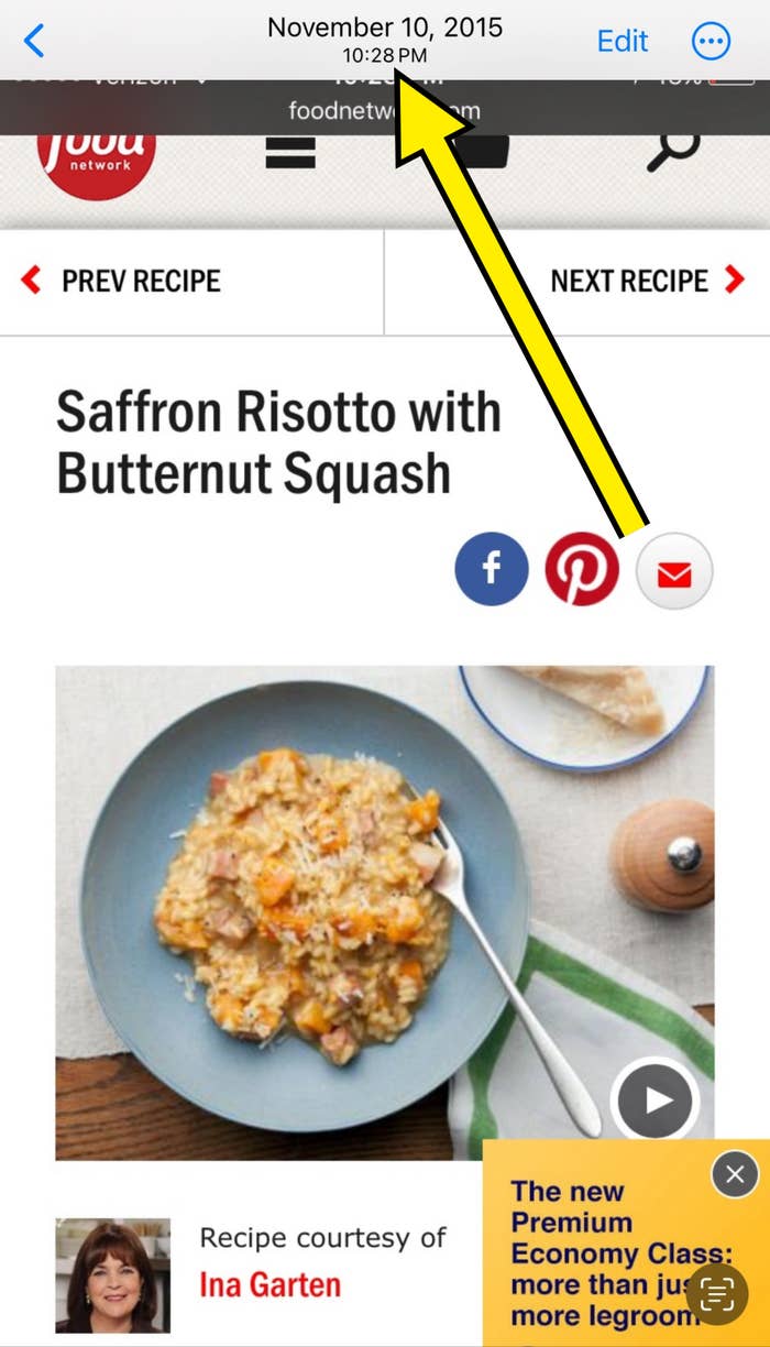 Arrow pointing to November 10, 2015, timestamp on a screenshot on a phone of Ina Garten&#x27;s saffron risotto with butternut squash