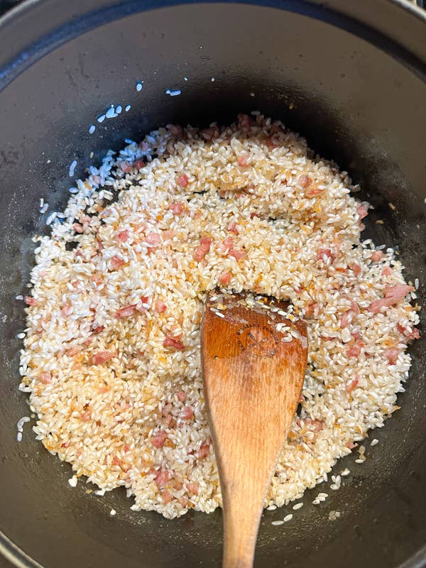 Stirring the rice into the butter mixture