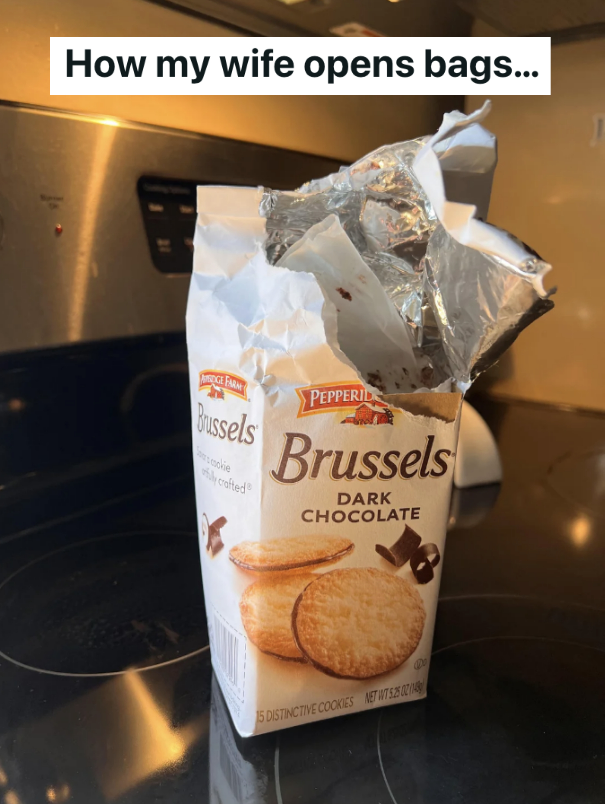 a ripped-open bag of cookies