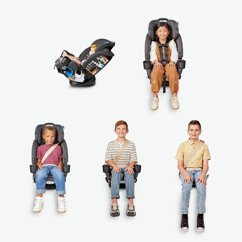 Kids sit in five different settings of a car seat