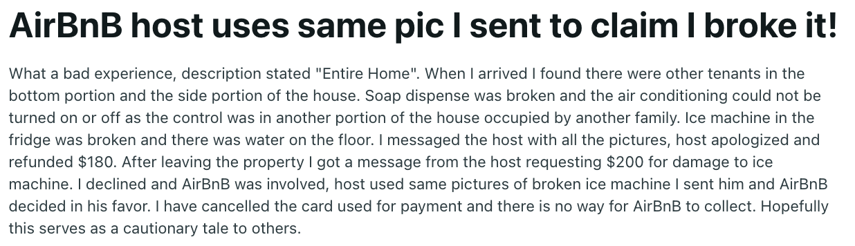 &quot;AirBnB host uses same pic I sent to claim I broke it!&quot;