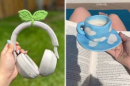 L: a model holding up a pair of headphones with a crochet leaf sprout wrapped about the band, ,R: a reviewer holding a matching mug and saucer set in blue featuring a cloud print 