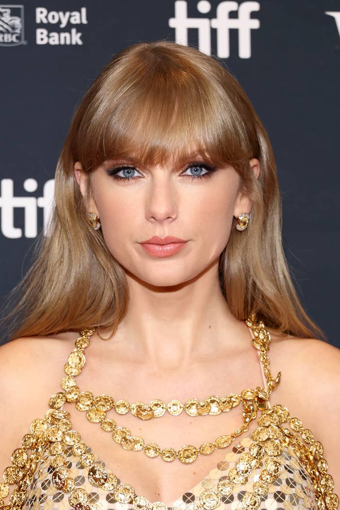 A closeup of taylor in a gold-coin embellished outfit