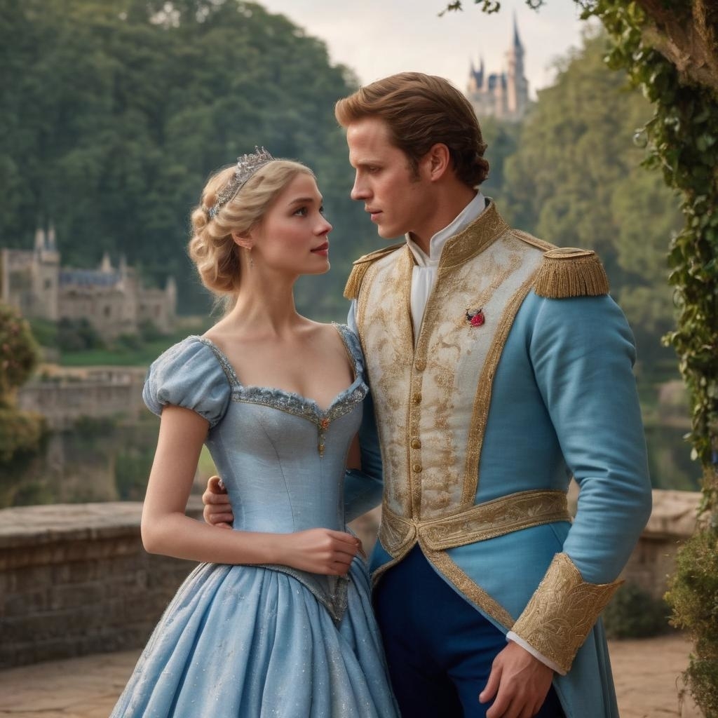 A woman in a blue dress stands in front of a man with a blue suit. They look lovingly at each other and there is a castle in the background.