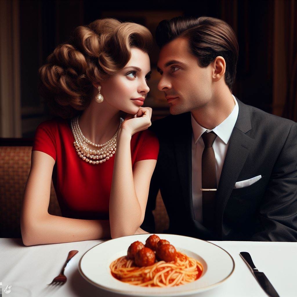 A woman in a red dress, pearls, and curls stares at a man in a sophisticated suit. A bowl of spaghetti and meatballs is on the table in front of them.