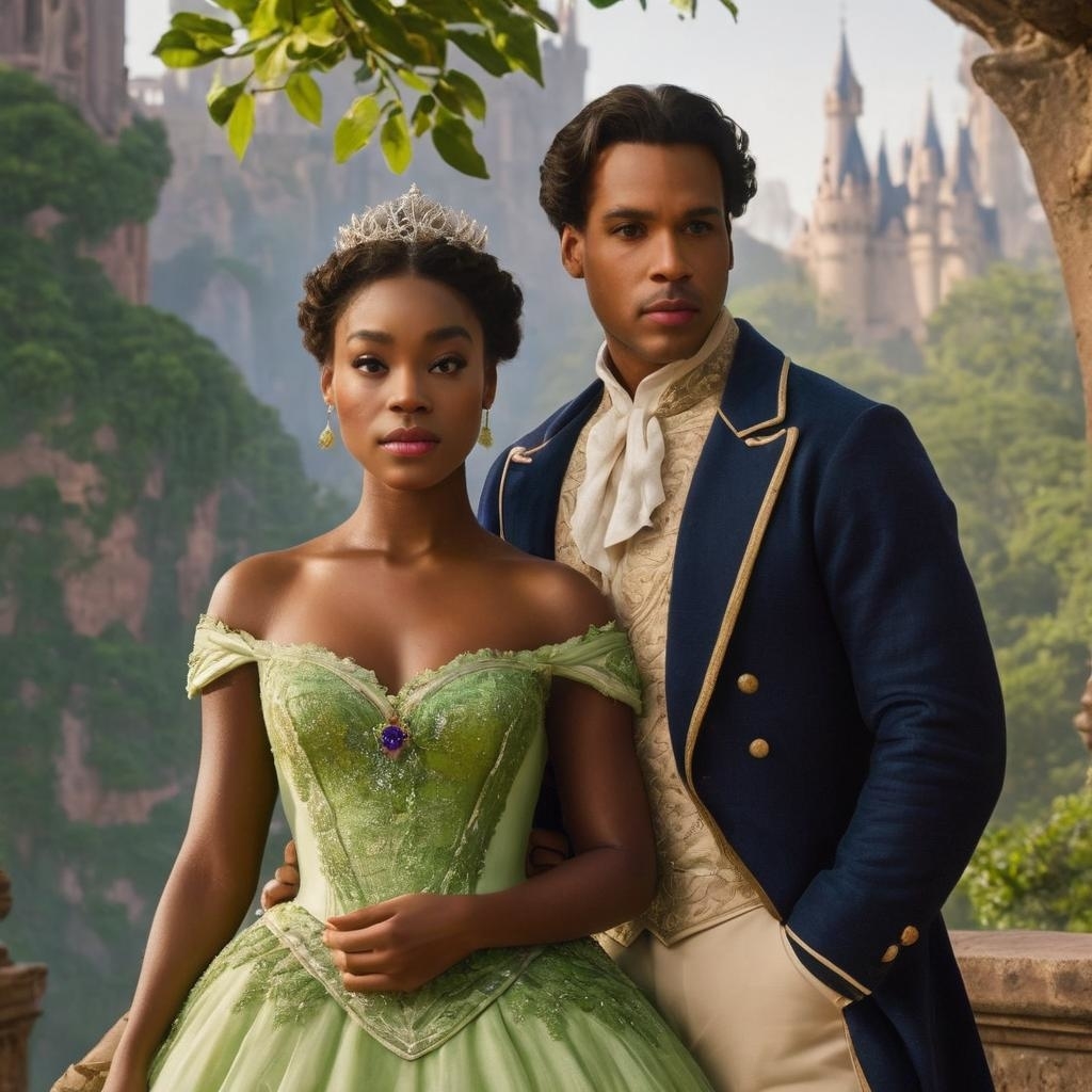 A woman in a green ballgown and tiara stands in front of a man in a cream and blue suit. There is a castle in the background.