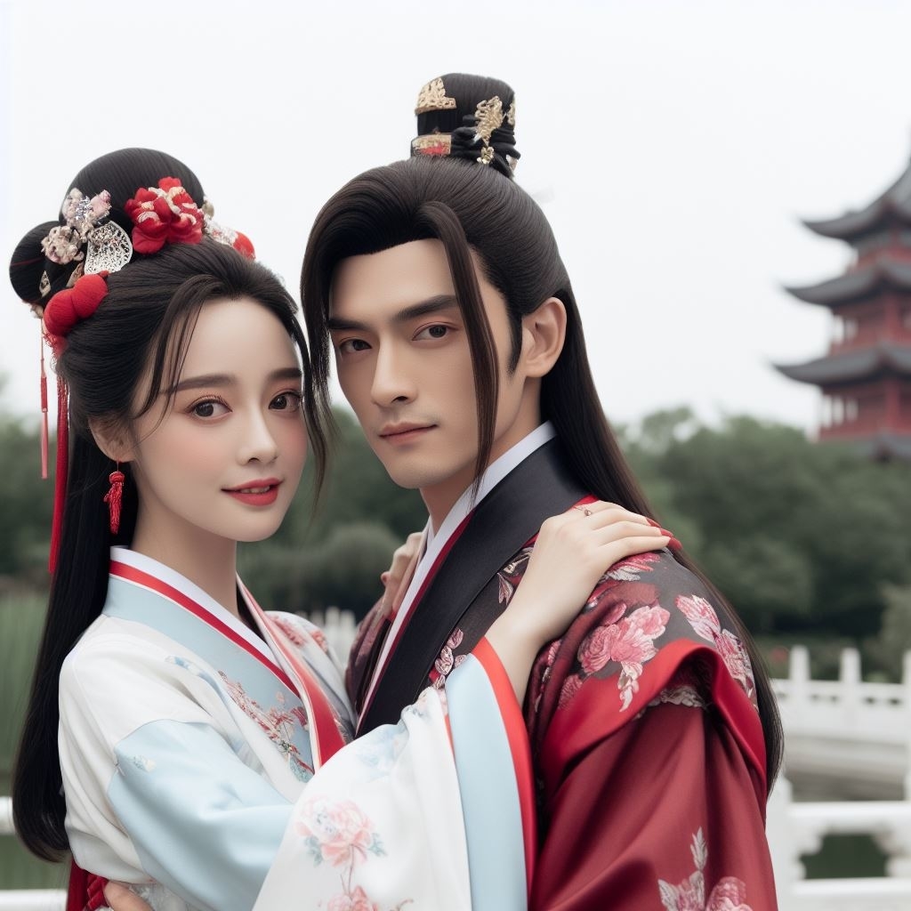 A man and a woman in traditional Chinese attire hold each other and smile in front of red temples.