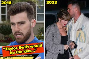Travis Kelce talking about kissing Taylor Swift side by side with them actually kissing