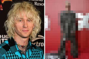 A closeup of Machine Gun Kelly vs Machine Gun Kelly on the red carpet