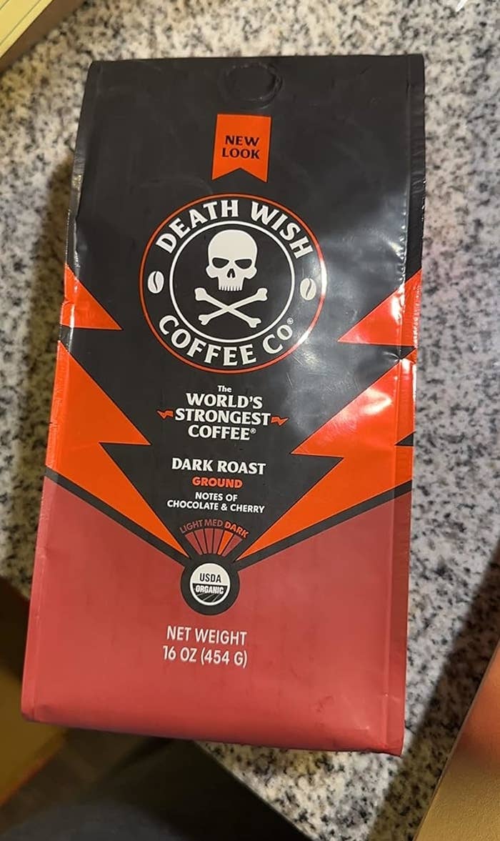 reviewer&#x27;s bag of coffee with a skull and crossbones on it