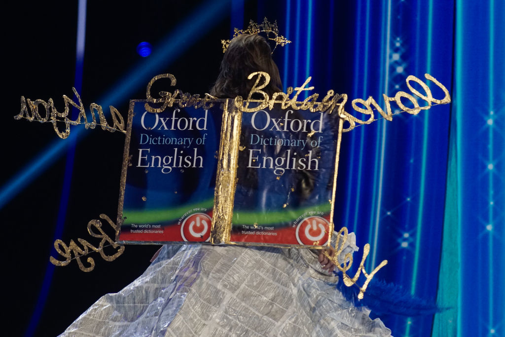 The back of the gown shows a replica of the Oxford Dictionary of English