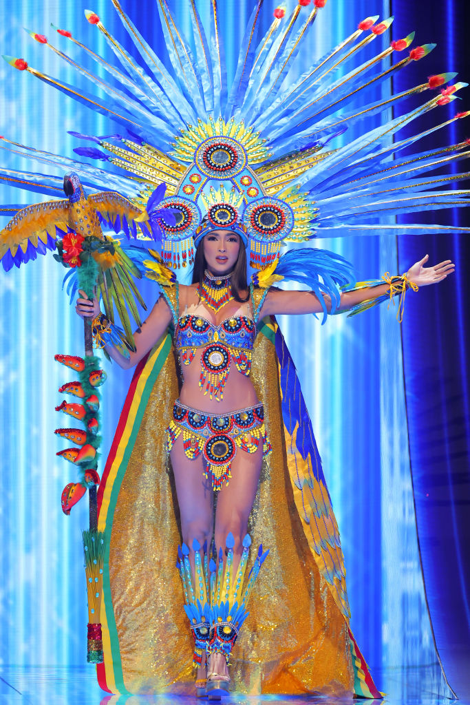 She&#x27;s wearing a large feathered, beaded headdress, Native-themed colorful, two-piece outfit, and large, colorful train